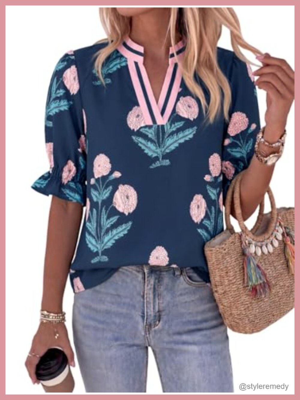 Womens Floral Print Blouse Puff Sleeve V Neck Boho Top Relaxed Fit Summer